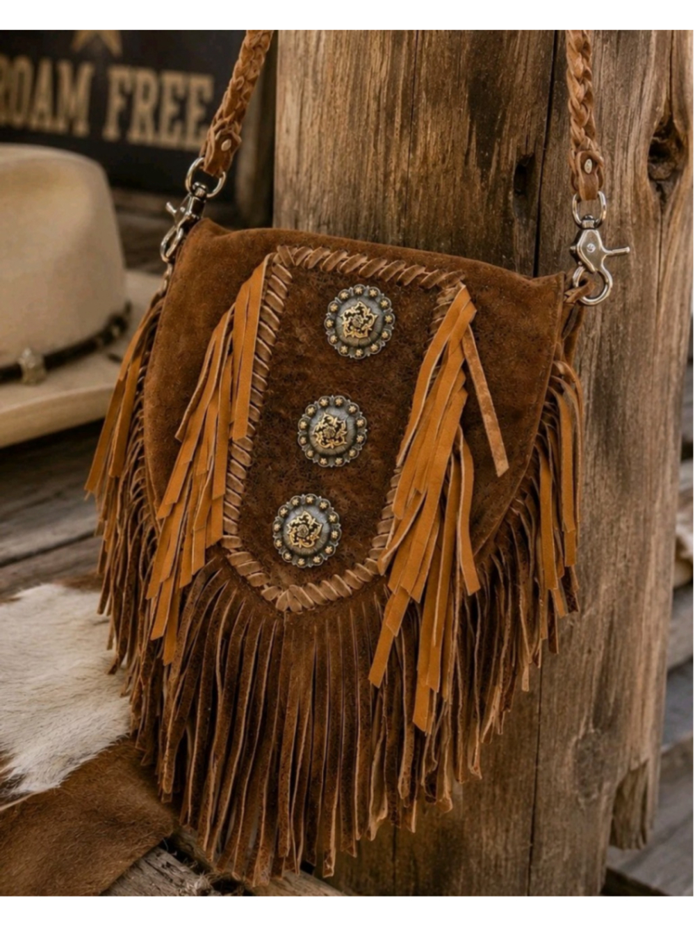 Tribe America USA Leather Fringe Crossbody Bag Brown Western Concho Braided